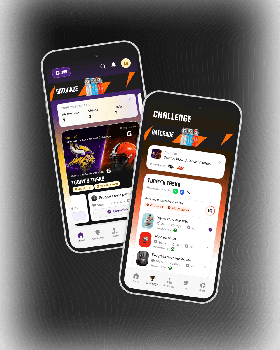 Fan Huddle mobile app showing challenges and daily tasks